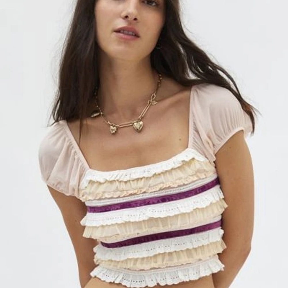 Kimchi Blue Blush Ruffled Crop Top with Purple Trim